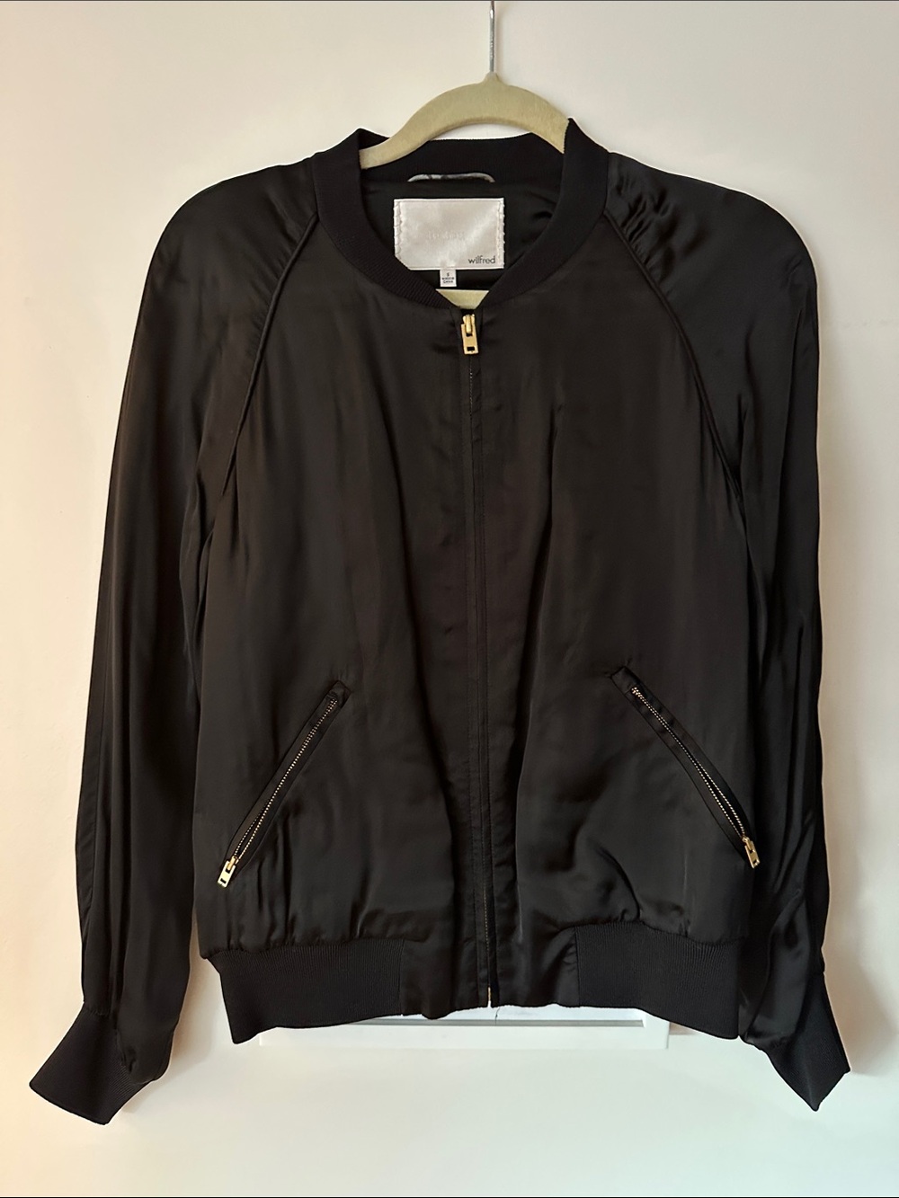 NWT Aritzia Black Satin Bomber Jacket with Gold Zippers